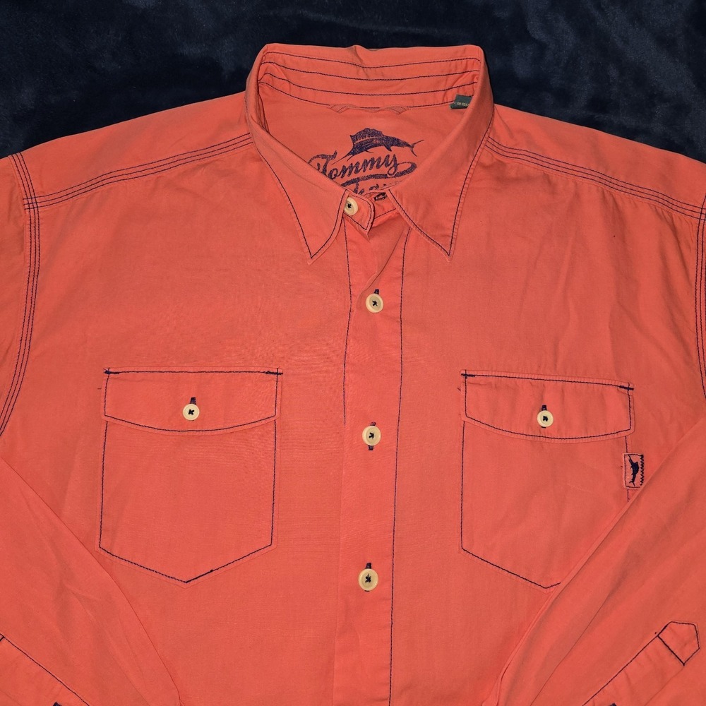 Tommy Bahama Shirt Red Orange Solid Mens Size Large‎ Long Sleeve Button Down